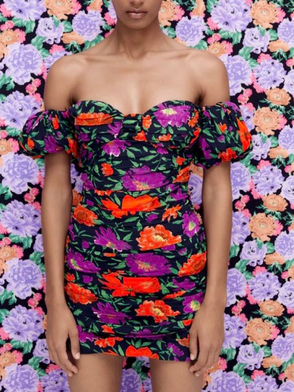 Zara Floral Puff Sleeve Mini Dress Sweetheart Neck Ruched Bodycon Size S - Picture 8 of 8